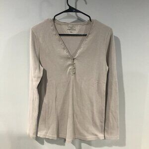 Eddie Bauer Womens Longsleeve Shirt - Large - Beige - Lace Hem Collar